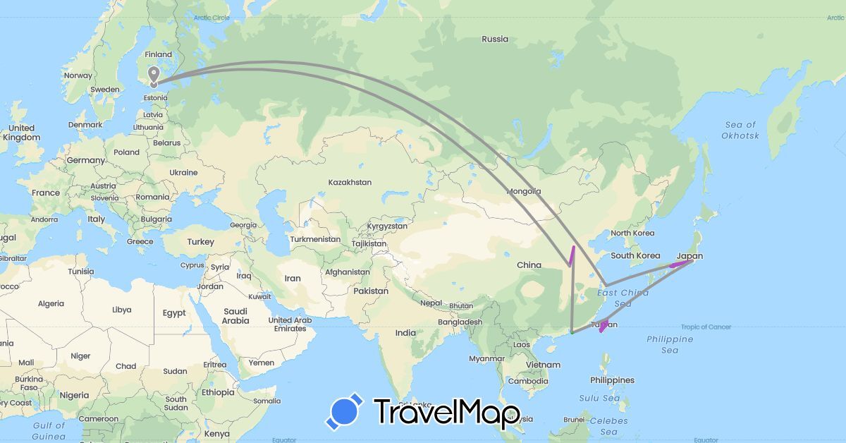 TravelMap itinerary: driving, bus, plane, train in China, Finland, Japan, Taiwan (Asia, Europe)