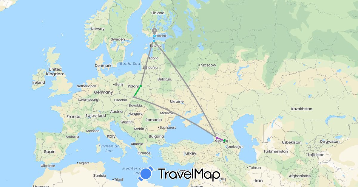 TravelMap itinerary: driving, bus, plane, train, boat in Estonia, Finland, Georgia, Poland (Asia, Europe)